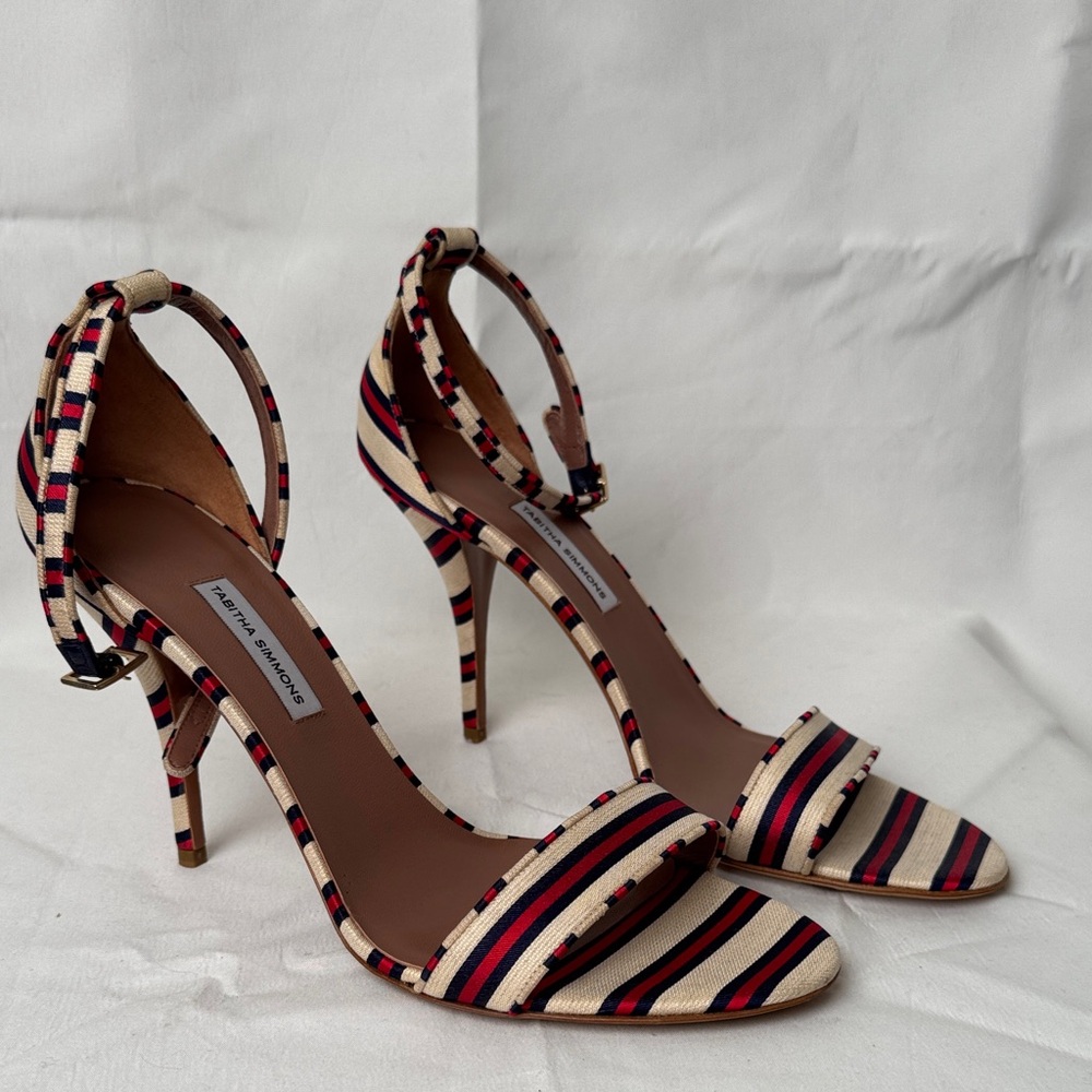 Tabitha Simmons Striped Heels With Ankle Strap in Cream, Blue, and Red Linen
